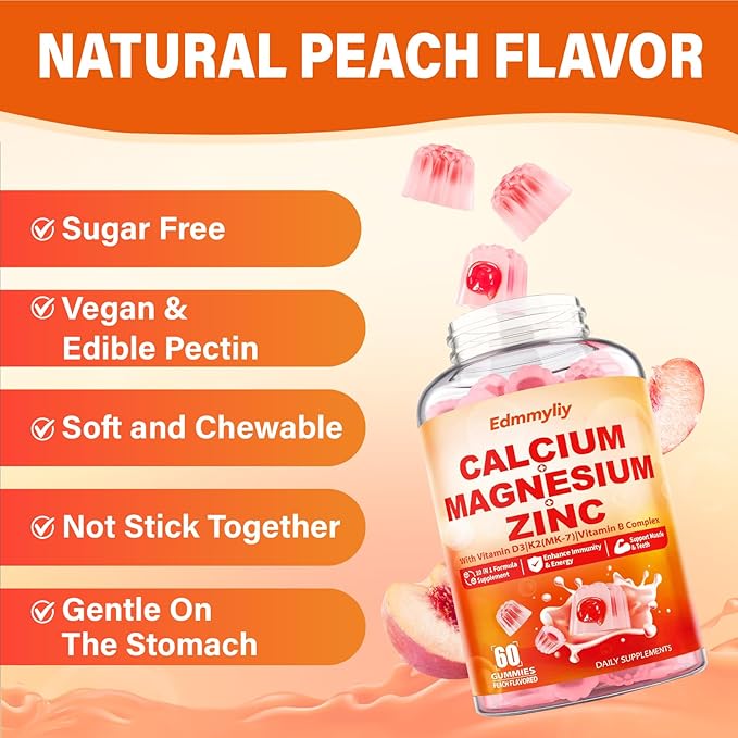Calcium Magnesium Zinc Supplement Gummies with Vitamin D3 K2 &amp B Complex for Women Men 1000mg Calcium Citrate with Magnesium Gummies for Bone Muscles &amp Immune Support Sugar Free Vegan