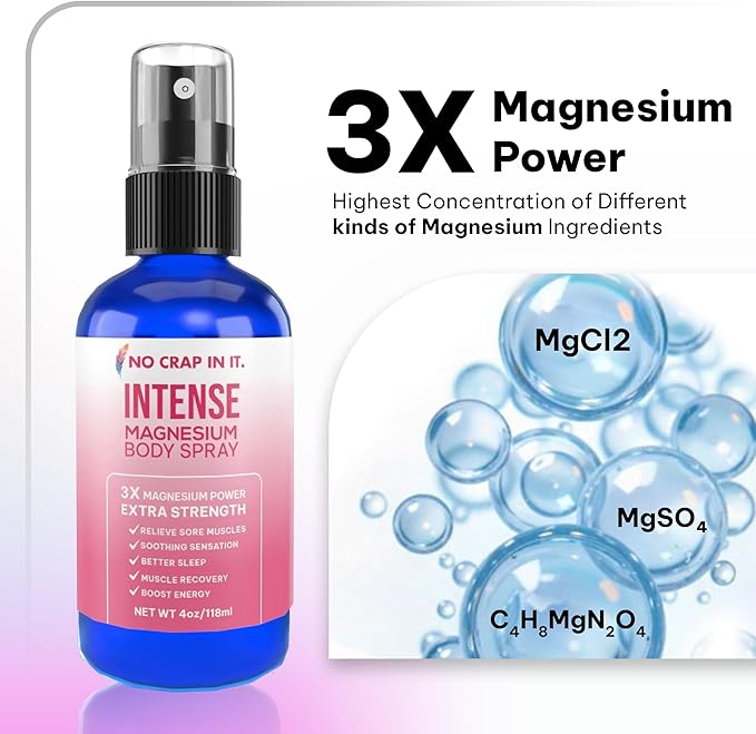 Intense Magnesium Spray Triple Magnesium Power: All Natural Magnesium Chloride Glycinate Sulfate -4oz