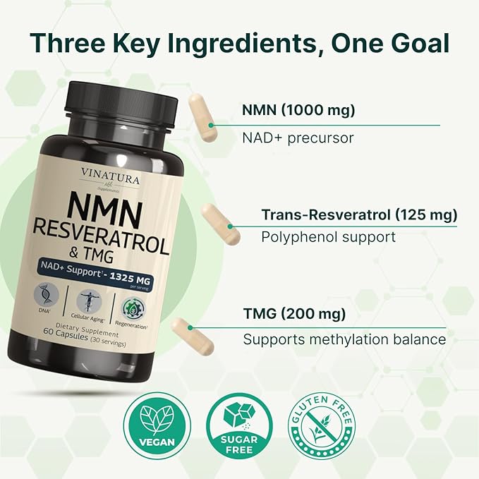 VINATURA NMN Complex Supplement 1325MG - NMN 1000mg with Resveratrol and TMG Support NAD+ 60 Capsules