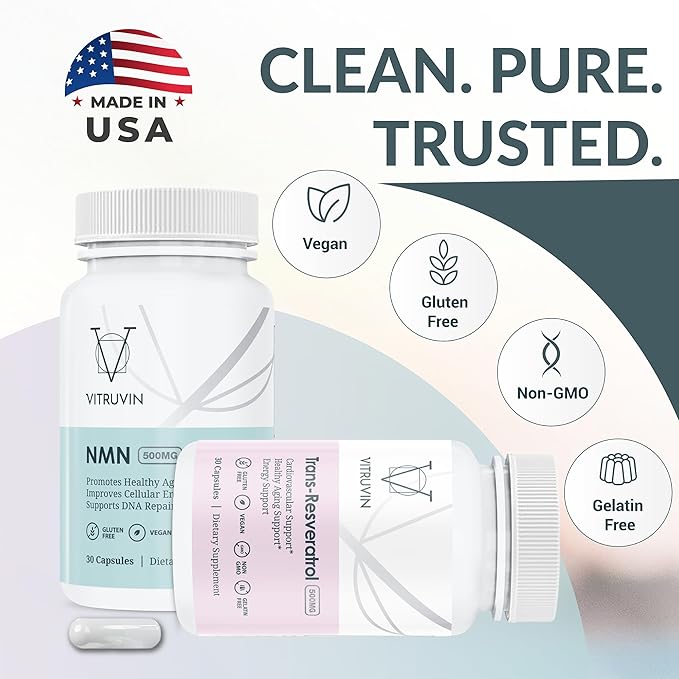 VITRUVIN Longevity Supplement - NMN 500MG + Trans-Resveratrol 500MG with Piperine - Vegan Non-GMO Gluten-Free Gelatin-Free