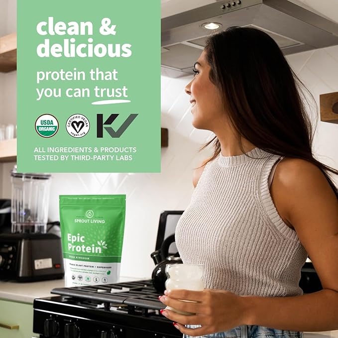 Sprout Living Epic Protein Plant Based Protein &amp Superfoods Powder Green Kingdom | 20 Grams Organic Protein Powder Greens Vegan Non Dairy Non-GMO Gluten Free Low Sugar (1 Pound 12 Serving