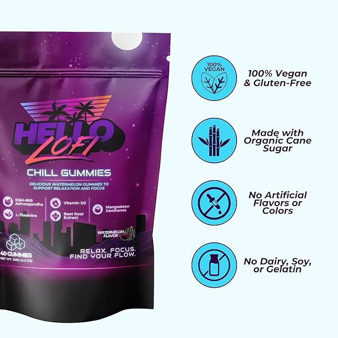 Chill Gummies Relaxation and Focus Supplement with L Theanine and Ashwagandha Defense System Support with Mangosteen and Vitamin D Gluten Free Vegan Watermelon Flavor 40 Count