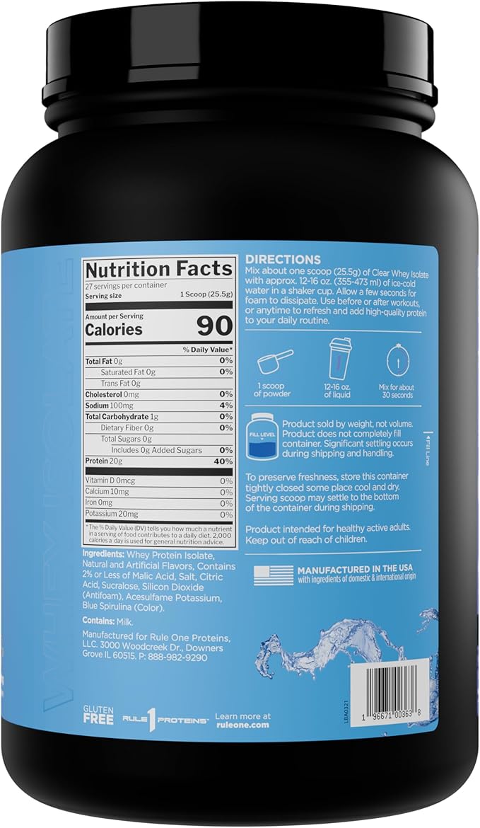 Rule 1 Clear Whey Isolate - 20g All-Whey Isolate Protein Mix Over 9g EAAs 90 Calories Zero Sugar Easy to Digest Light Crisp and Refreshing Taste (27 Servings Blue Raspberry)
