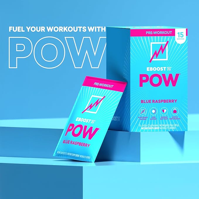 EBOOST POW Natural Pre Workout Powder - 15 Packets Blue Raspberry - Preworkout Energy Booster Gym Supplement Drink Mix for Men and Women - Performance Joint Mobility Support - Gluten-Free