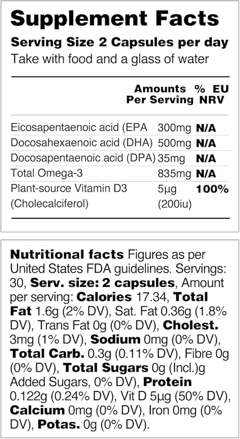 Vegan Omega 3 Supplement (60 Capsules) – Omega-3 EPA Vitamin D3 &amp DHA Supplements - Algae Omega 3 Vegan Supplements for Brain Eye &amp Heart Health – Omega 3 for Kids &amp Adults