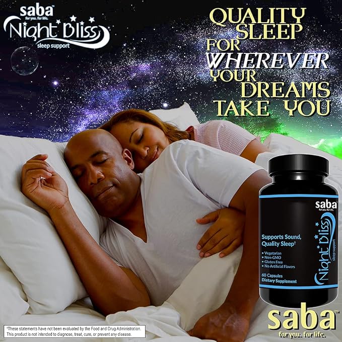 Saba Night Bliss Natural Sleep Aid | Non-Habit Forming | Sleep Supplement for Longer Sleep &amp Stress Relief w/Magnesium Melatonin GABA Chamomile &amp Valerian (60 Vegan Capsules 30 Day Supply