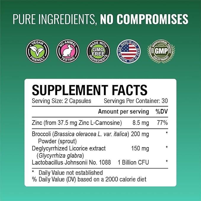 Approved Science Pyloriprin - Advanced Digestive Support for A Healthy Stomach - Zinc L-Carnosine Probiotic Broccoli Sprout Deglycyrrhized Licorice - 360 Capsules - six Month Supply - Vegan