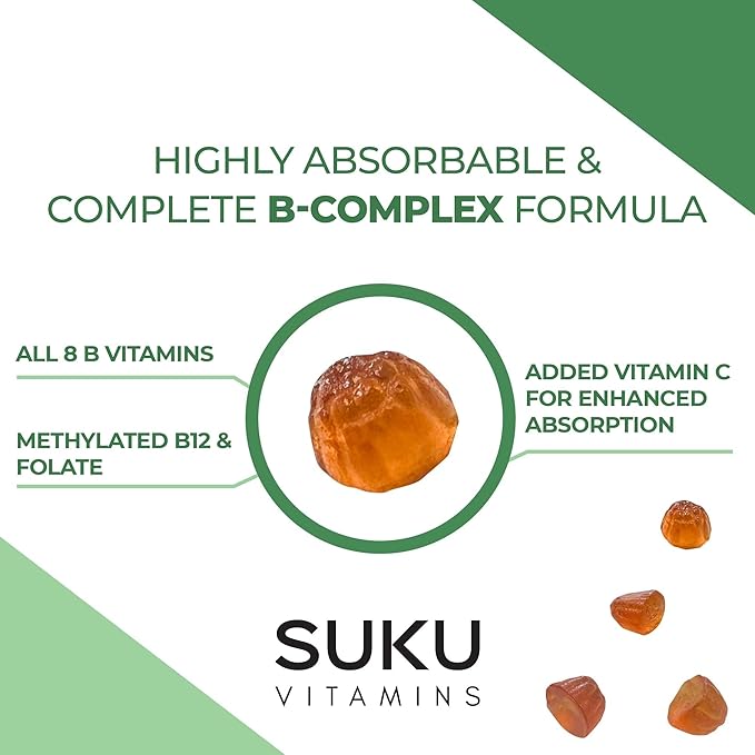 SUKU Vitamin B Complex Gummies with Vitamin C – Sugar Free Vegan 8 B Vitamins Complex Gummy Supplement Increases Cell Development Improves Metabolism &amp Collagen Formation Peach Flavour (50 Gummi