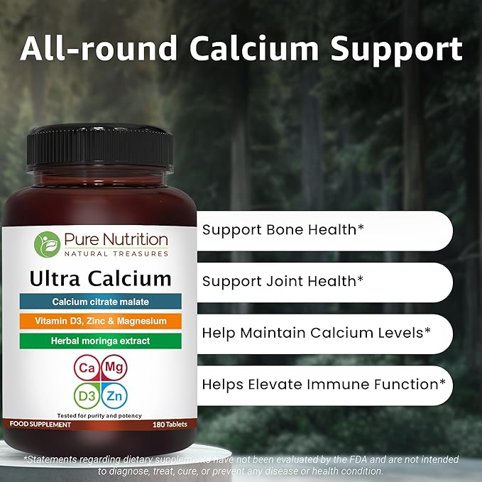 Pure Nutrition Ultra Calcium Citrate 1000mg Highly absorbable Calcium Supplement with Calcium Citrate Malate Vitamin D Zinc and Magnesium - 1 Tablet Daily (180 Veg Tabs) Non-GMO | Gluten-Free