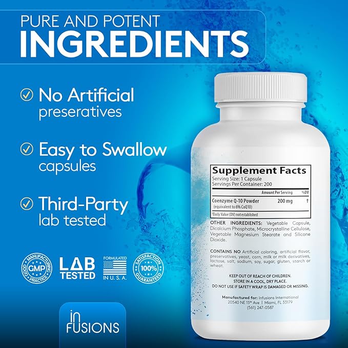 Infusions Pure CoQ10 200mg 200 Capsules (Coenzyme Q10) High Absorptions Vegan Gluten Free Non-GMO (2)