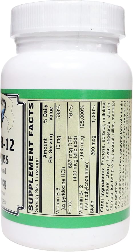 Methyl B-12 3000mcg w/Folic Acid Biotin and B-6 Lozenges (100 Lozenges)