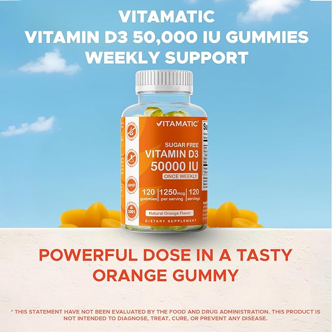 Vitamatic Sugar Free Vitamin D3 50000 IU Weekly Supplement - 120 Pectin Based Gummies - Vitamin D Capsules for Bones Teeth and Immune Support (50000 IU) - 2 Pack
