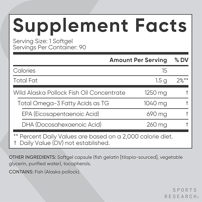 Sports Research 1250 mg Omega 3 Burpless Fish Oil - Wild Alaskan Pollock - (90 Count) High Potency Vegan Vitamin C 1000mg (240 Count) + Vegan 5000iu Vitamin D with 100mcg Mk7 Vitamin K (60 Count)