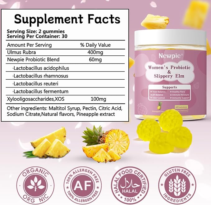 Her Juicy Feminine Probiotics Gummies for Women | Tropical Pineapple Flavor | Supports pH Balance Gut &amp Immune Health | with Slippery Elm Prebiotics &amp Lactobacillus Blend | 60 Gummies (1)