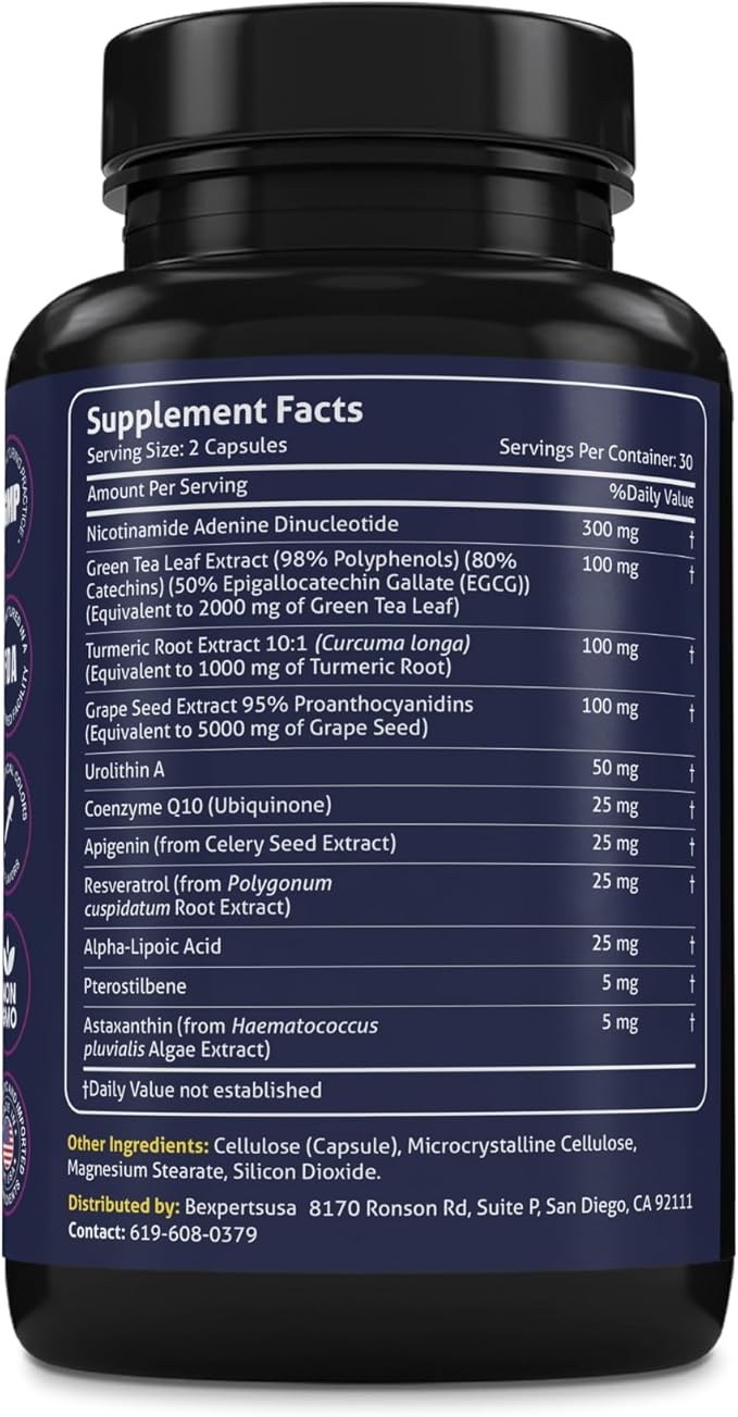 NAD+ Resveratrol Supplement – Longevity Formula with Nicotinamide Adenine Dinucleotide with CoQ10 Apigenin &amp Turmeric Anti-Ageing Formula for Men &amp Women – 60 Capsules