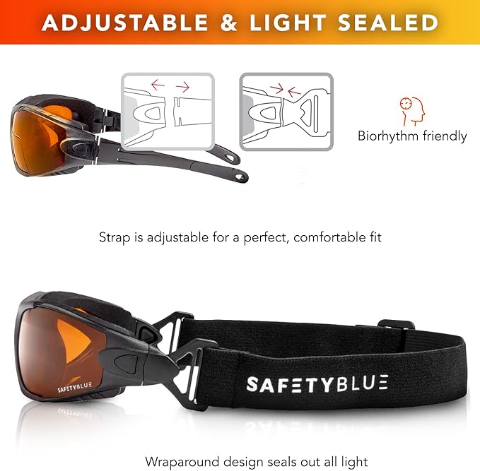 Sleep Savior Deluxe Amber Lens Glasses - Block Blue &amp Green Light Boost Melatonin Enhance Sleep Quality Reduce Eye Strain Interchangeable Strap Padded for Ultimate Comfort