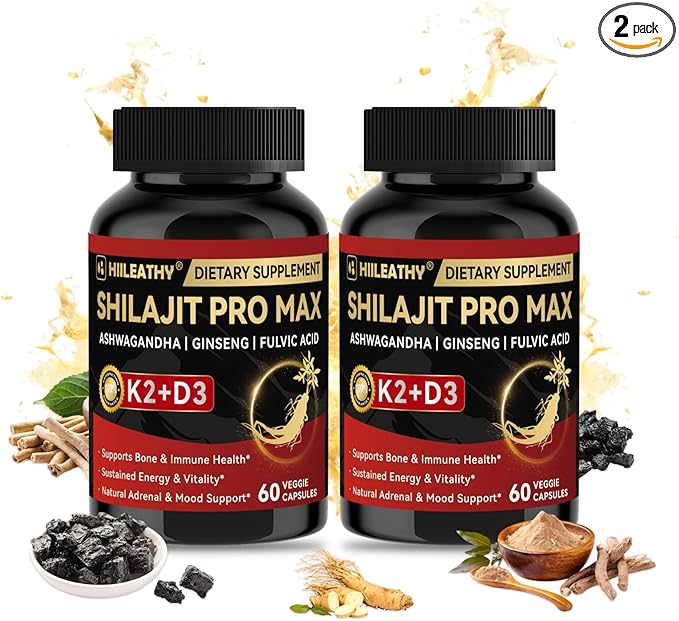 2 Pack Shilajit for Men Women Shilajit w/Vitamin D3 K2 Shilajits for Men w/Fulvic Acid Ashwagandha Shilajits for Extra Power Stamina Immune Support Non-GMO Made in US 60 Capsules