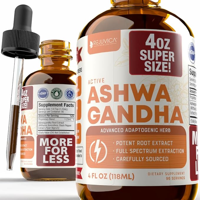 Rejuvica Health Ashwagandha Liquid Drops with Black Pepper Extract – Enhanced Absorption with Piperine &amp Withanolides – High Potency Adaptogen Tincture for Stress &amp Mood Support for Men &amp