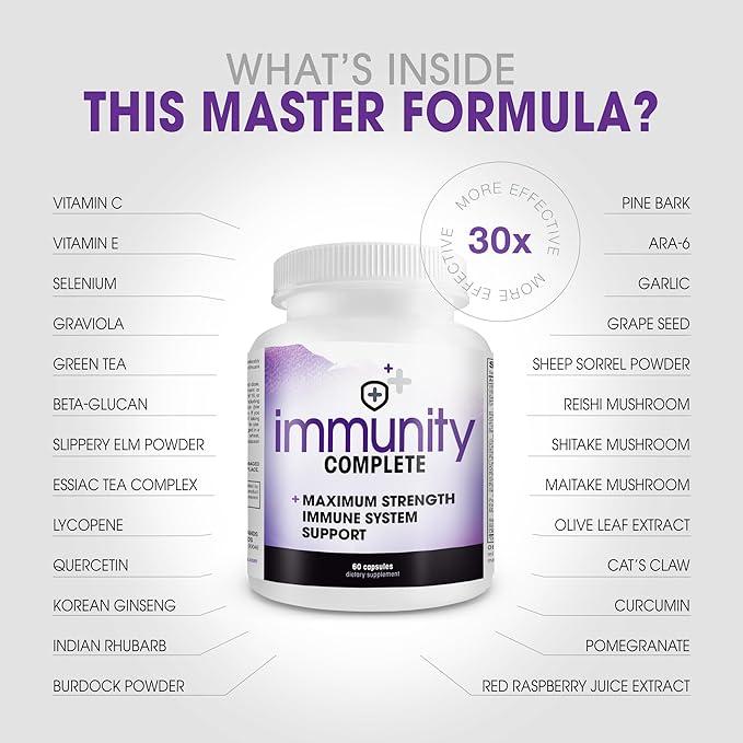Immunity Complete - 20-in-1 Immune System Booster Formula with Cat's Claw Quercetin Vitamin C and Olive Leaf Extract 60ct