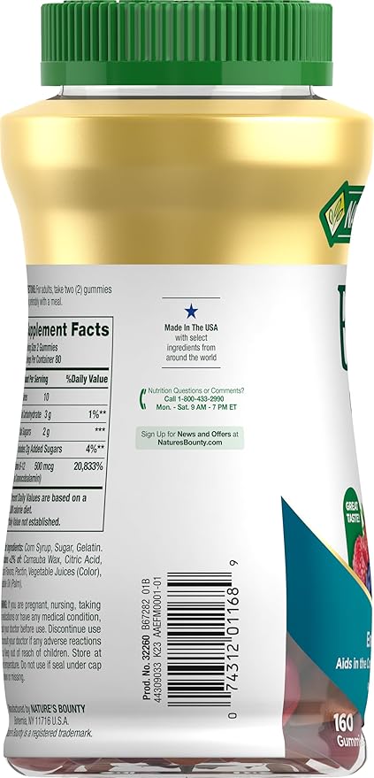 Nature's Bounty Vitamin B12 Gummies Dietary Supplement Supports Energy Metabolism and Nervous System Health Mixed Berry Flavor 500mcg 160 Count