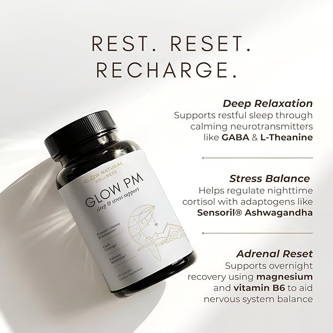 Glow Natural Wellness Glow PM - Nutritional &amp Herbal Sleep Supplement for Adults Night Formula with Melatonin 10mg Magnesium L-Theanine &amp Herbal Extracts 17-Ingredient Blend 120 Capsules