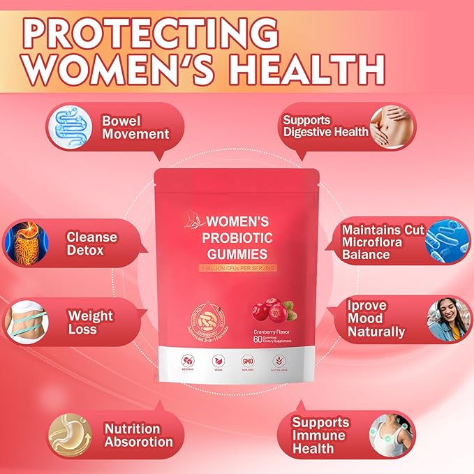 Vaginal Women Probiotic Feminine Balance pH Gummies for Healthy Odor Yeast Balance &amp Flora + Vitamin C for Immune Support -Cranberry Probiotics