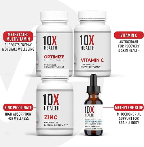 10X Health Daily Defense Bundle - 10X Optimize 10X Zinc 10X Vitamin C &amp Methylene Blue Drops - for Immunity Cellular Health &amp Energy Boost