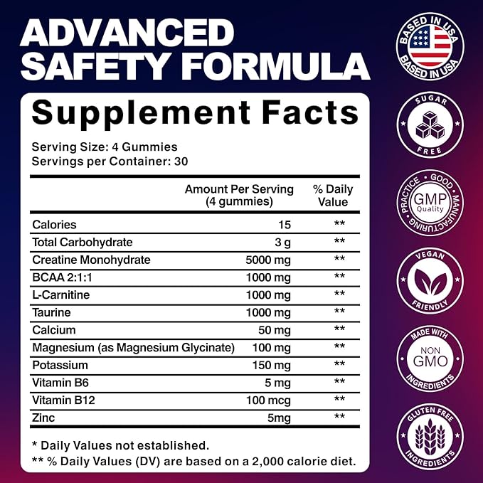 Creatine Monohydrate Gummies for Men &amp Women 8500MG Creatine Gummies Sugar Free Mixed Flavored with L-Taurine BCAA 2:1 B12 B6 for Boost Strength Focus &amp Endurance Vegan Non-GMO 120pcs