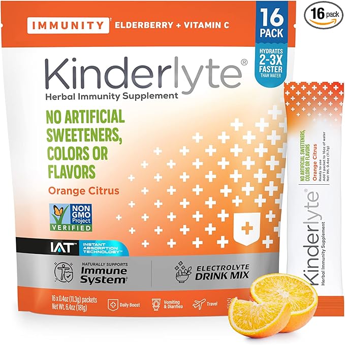 Kinderlyte Immunity Supplement for Kids and Adults Electrolyte Powder Hydration Packets with Vitamin C Zinc &amp Turmeric (Orange Citrus 16 Count) No Artificial Sweeteners No Synthetic Dyes