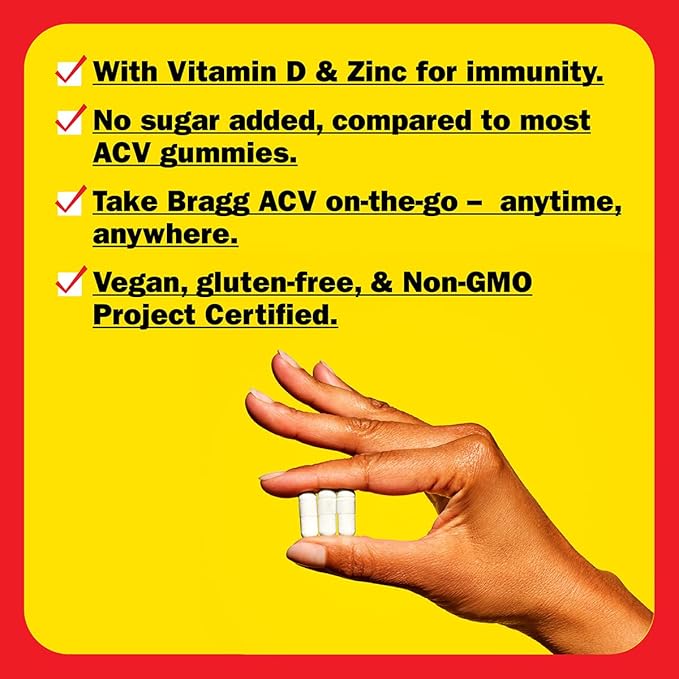 Bragg Organic Apple Cider Vinegar Capsules with Vitamin D and Zinc - (2 Pack) 90 Count - Supports Immune System