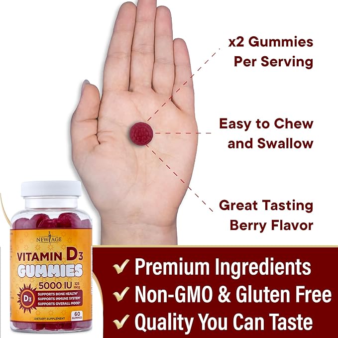 NEW AGE Vitamin D3 5000 IU 125mcg Gummies - Immune Supplement - Non-GMO Gluten-Free Dairy-Free No Gelatin (120 Gummies (Pack of 2))
