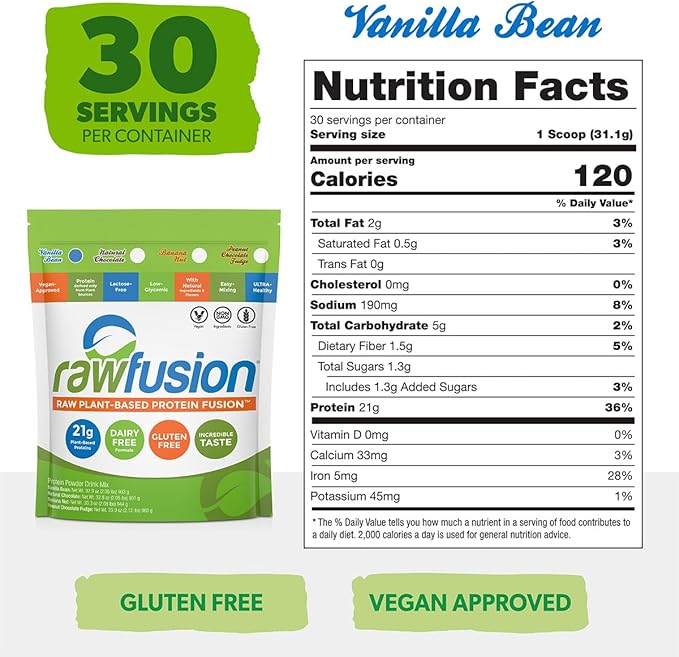 Rawfusion Vegan Protein Powder Vanilla Bean – 30 Servings 21g Plant-Based Protein Low Net Carbs Non-Dairy Gluten-Free Soy-Free Kosher Non-GMO 2.06lbs