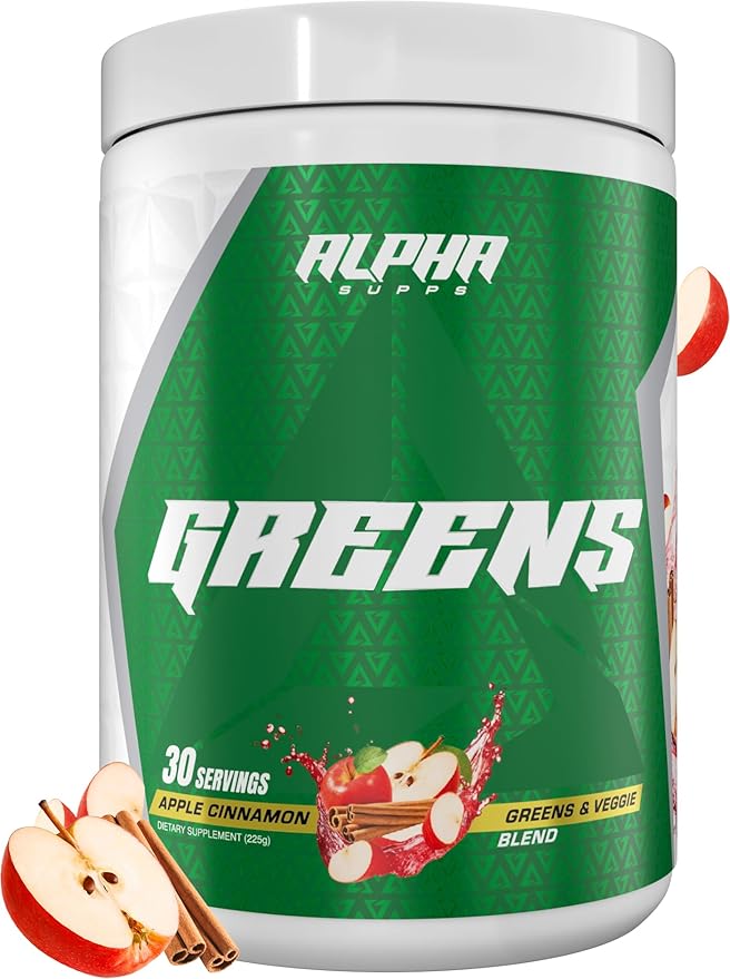 Alpha Supps - Alpha Greens Supplement | Fruit &amp Vegetable Superfood Powder | Over 40 Natural Plant Based Ingredients | Prebiotic &amp Probiotic Digestive Support Blend - 30 Servings (Apple Cinnam