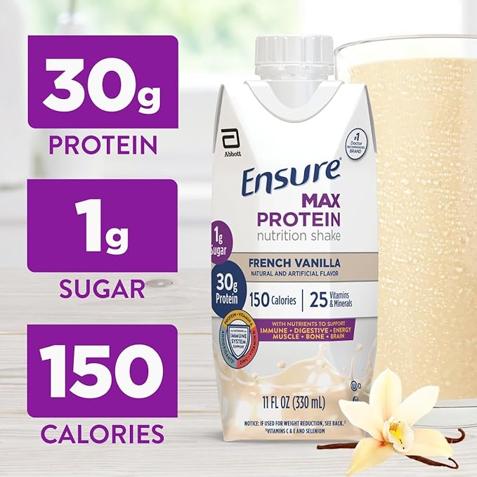 Ensure Max Protein Shake | French Vanilla | Ready to Drink | 30g Protein for Muscle Health | 1g Sugar 4g Fiber | 11 fl oz 12 Pack