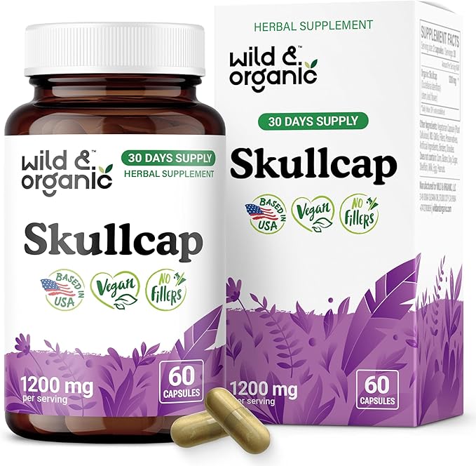 Wild &amp Organic Skullcap Capsules 1200 mg - Relaxing Skullcap Herb Supplement - 60 Capsules - Scutellaria Lateriflora Leaf Extract - 1-Month Supply - Vegan No Fillers Non-GMO