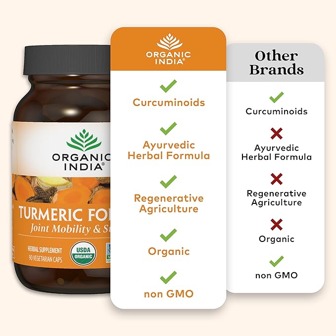 Organic India Turmeric Curcumin Herbal Supplement - Joint Mobility &amp Support Immune System Support Healthy Inflammatory Response Whole Root Supplement Organic Trikatu - 90 Capsules