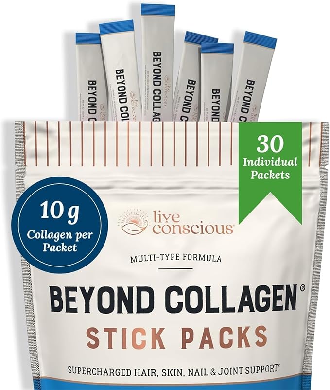Live Conscious Beyond Collagen Peptides Powder Unflavored Packets-Hydrolyzed Collagen Powder-Hair Skin Nail &amp Joint Support- I II III V &amp X Grass-Fed Collagen Supplements for Women &amp Men 3