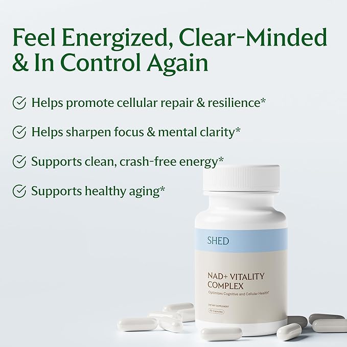 SHED NAD+ Supplement Vitality Complex with Nicotinamide Riboside (NR) Alpha-GPC TMG &amp Methylated B Vitamins – Supports Energy Focus Cellular Health &amp Aging – 60 Capsules