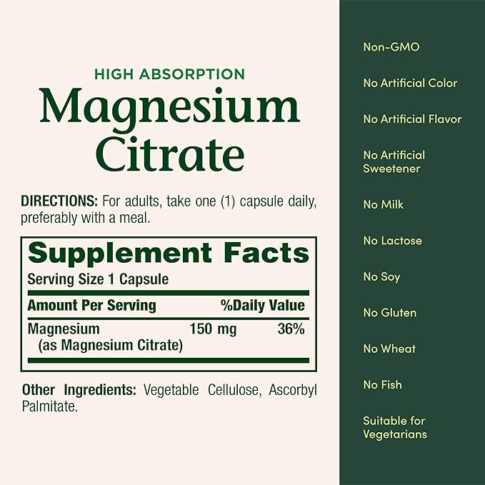 Nature’s Bounty Magnesium Citrate High Absorption Magnesium Supplement for Whole Body Health with 150 mg Magnesium Vegetarian Gluten Free 90 Capsules (Pack of 2)