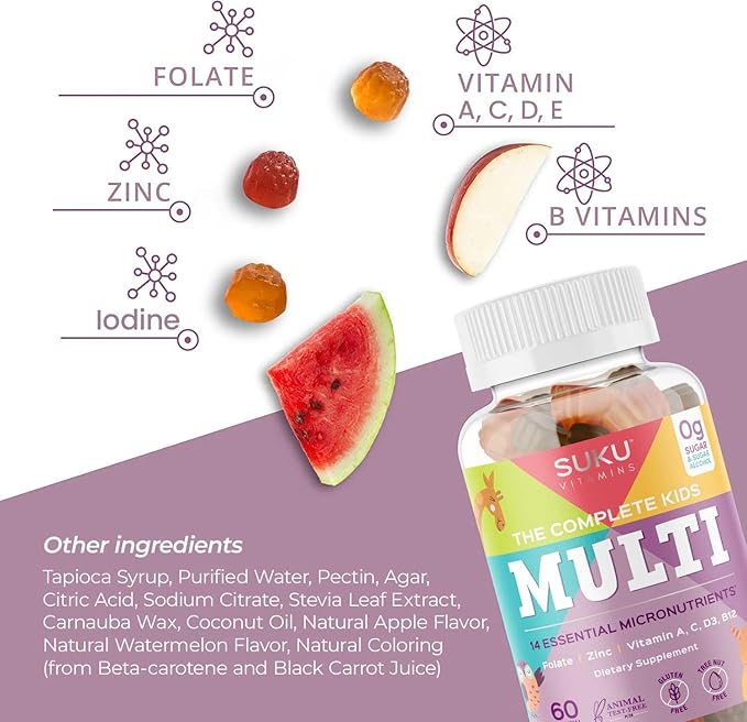 SUKU The Complete Kids Multivitamin Gummies – Vitamins A C D E B6 B12 Folate &amp Zinc – Immune Support Sugar-Free Gluten-Free Non-GMO Tropical Bonanza Flavor – 60 Count