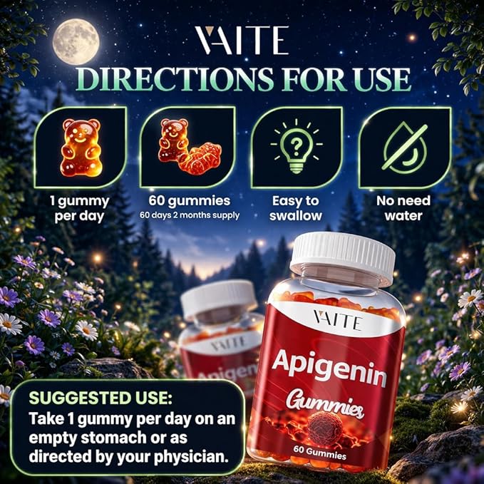 VAITE Apigenin Supplement 150mg - Chamomile Extract Vegan Gummies with Flavonoids Bioflavonoids &amp Polyphenols - Plant-Based Relaxation Support - Liposomal Calm Formula - Non-GMO Herbal Mood Balan