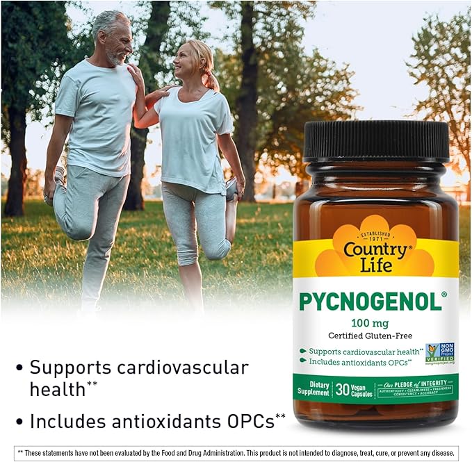 Country Life Pycnogenol 100mg - French Maritime Pine Bark Extract Antioxidants Supplement - Supports Cardiovascular Health - No Yeast Corn Wheat Soy Milk Salt Preservatives - 30 Capsules