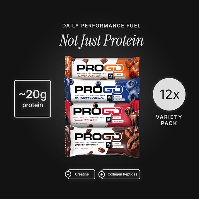 ProGo Protein Bars – Brain + Body Fuel with 20g Clean Protein Creatine &amp Collagen Peptides Made with 95% Pure Isolate Grass-Fed Beef Tallow No Fillers Naturally Sweetened with Honey Gluten-F