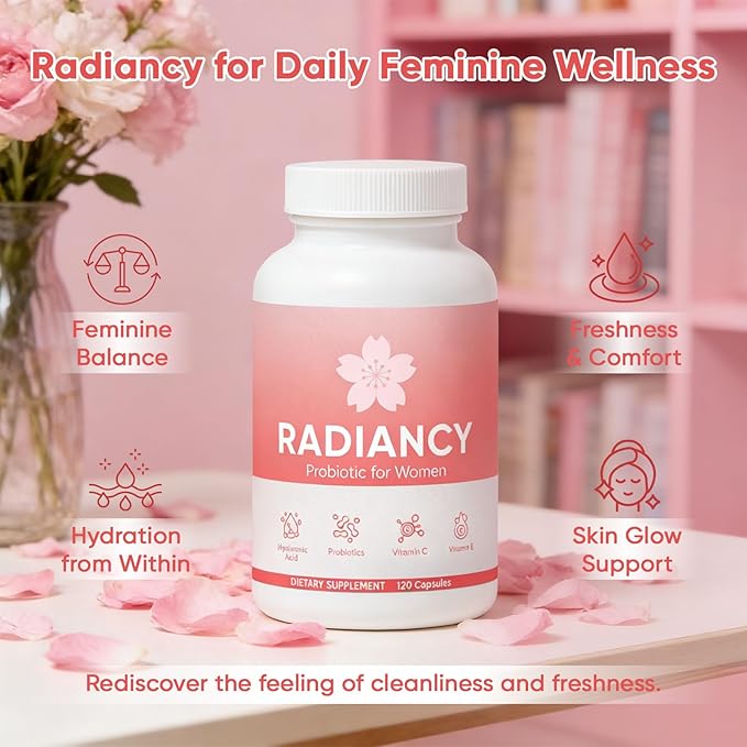 Radiancy Probiotic for Women Vaginal Probiotics for Dryness &amp PH Balance Cherry Blossom Extract Hyaluronic Acid Probiotics Vitamin C 120 Ct
