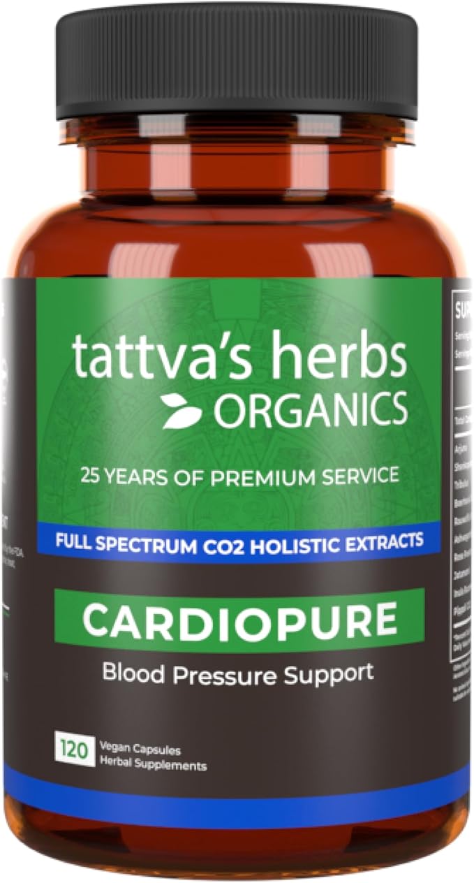 Tattva's Herbs Cardiopure Herbal Ayurvedic Supplement Ashwagandha Rauwolfia &amp Arjuna Full Spectrum Co2 Extracts Veggie Capsules 120 Count