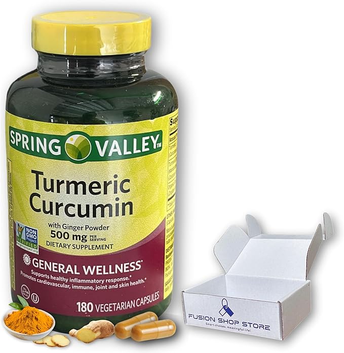 Turmeric Curcumin 500mg with Ginger Powder- Vegetarian Capsules 180ct (Pack of 1) Boxed by Fusion Shop Store