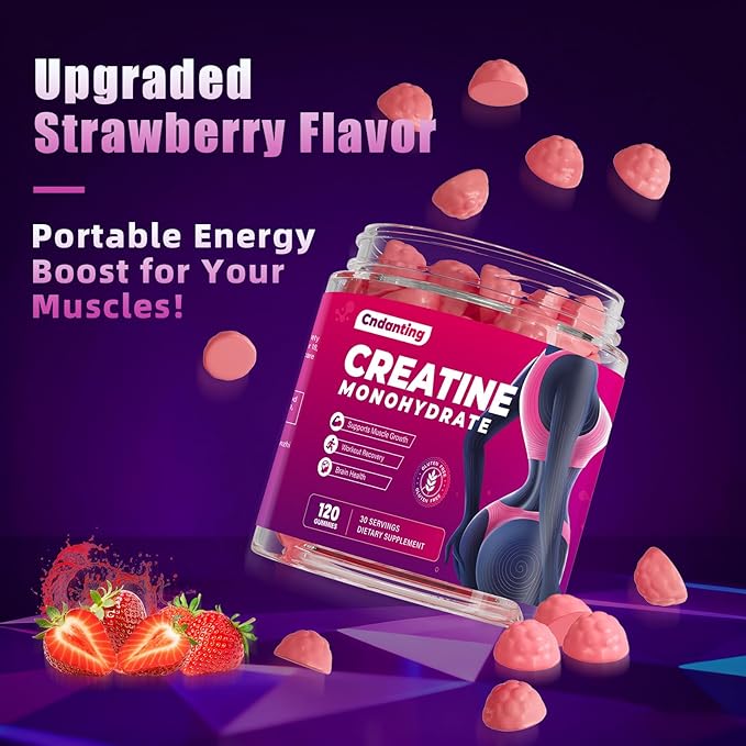 Creatine Gummies 5000mg Monohydrate Creatine with Folic Acid &amp Vitamin B12 Vegan Strawberry Flavor Helps Shape Booty &amp Tone Glutes and Legs Boosts Energy and Endurance 120 Count