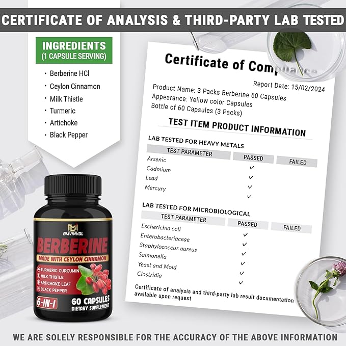 (3 Packs) Berberine Supplement Plus Ceylon Cinnamon Milk Thistle Turmeric Artichoke Leaf Black Peppe - 6 Month Supply - 180 Capsules Total