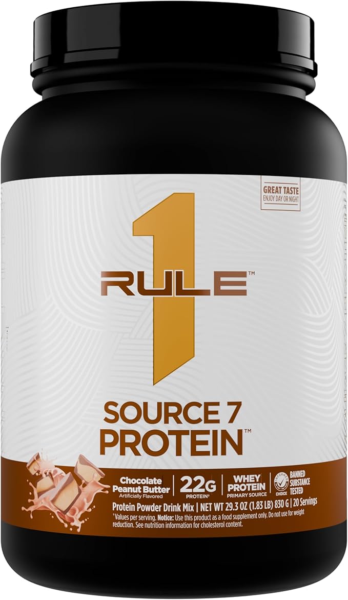 Rule 1 Source 7 Protein – Decadent Flavor Velvety Smooth Texture 22g Anytime Protein and 10g Naturally Occurring EAAs Per Serving from 7 Premium Sources (1.8 Pounds* Chocolate Peanut Butter)