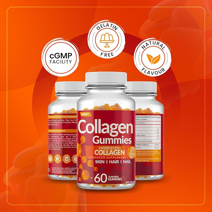 Enhanced Hydrolyzed Collagen Gummies - for Hair Skin and Nails. 60 Delicious Flavoured Gummies